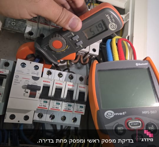 מדידת מתח בארון חשמל עם מכשיר בדיקה